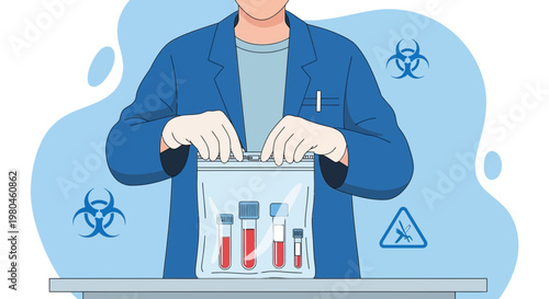 Medical professional in protective gear sealing biohazard bag with blood samples