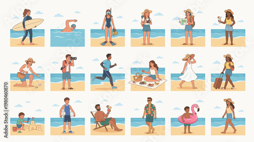 Beach vacation collection with people surfing swimming relaxing sunbathing playing and enjoying summer leisure by the sea in flat vector style