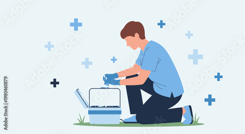 Medical Professional in Scrubs Kneeling with Medical Kit, Surrounded by Blue Crosses