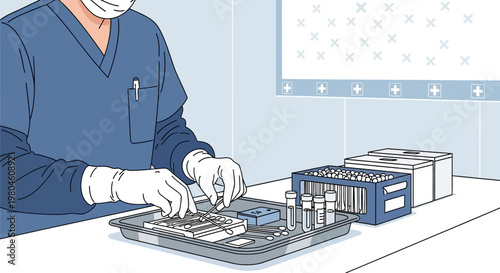 Medical professional in sterile gloves and mask handling lab samples in a research facility