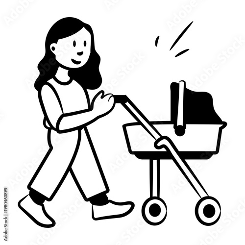 Drawing style icon depicting a mother walking with baby stroller 