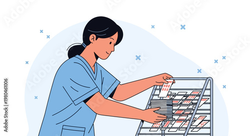 Medical professional organizing laboratory slides in a rack, healthcare research concept