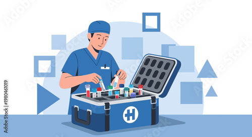Medical professional organizing test tubes in a cooler for sample transport, healthcare concept