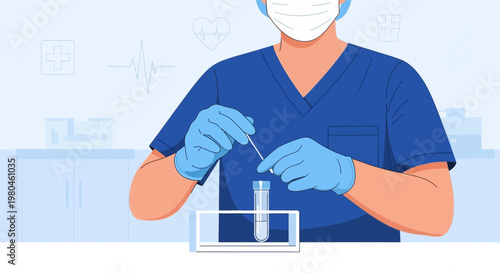 Medical professional performing COVID-19 test with swab and test tube in laboratory setting