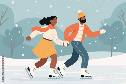 Illustration Of A Happy Couple Ice Skating In A Winter Park Vector Design Template