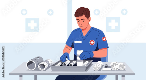 Medical professional organizing sterile supplies and bandages in a clinic or hospital setting.