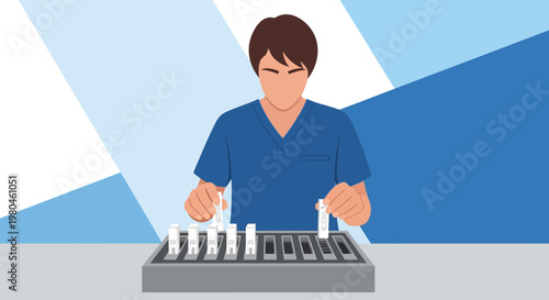 Medical professional performing laboratory tests with test tubes in a rack