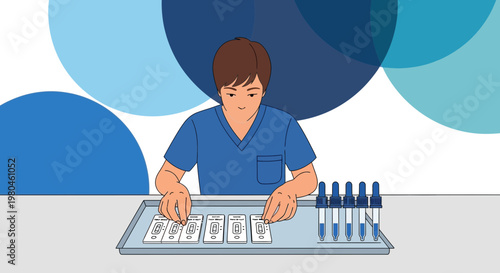 Medical professional performing diagnostic tests with dropper and test kits
