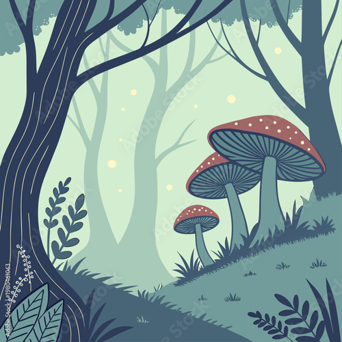 Enchanted Forest with Glowing Mushrooms Vector Illustration