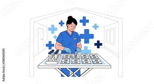 Medical professional performs laboratory tests with blue crosses symbolizing health and science
