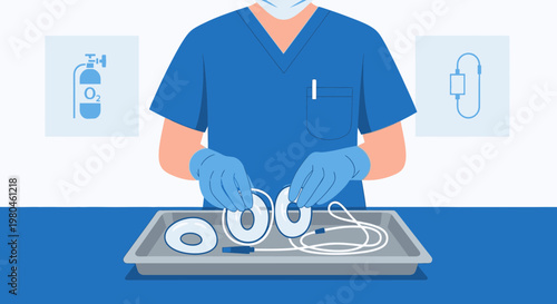 Medical professional preparing sterile equipment for patient care, including oxygen and IV supplies.