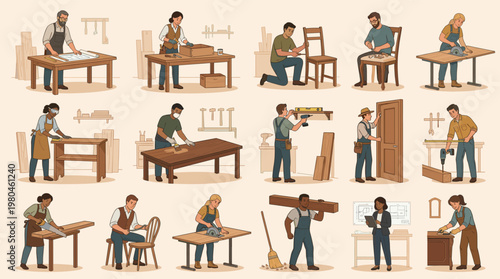 Carpenters and woodworkers crafting furniture using tools in workshop environment including cutting assembling and polishing wood products
