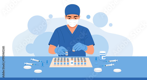 Medical professional preparing vaccines, vials, and syringes for vaccination