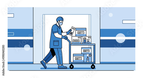 Medical professional pushing cart with boxes and supplies in hospital corridor