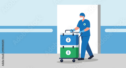 Medical professional pushing cart with medical supplies in hospital hallway