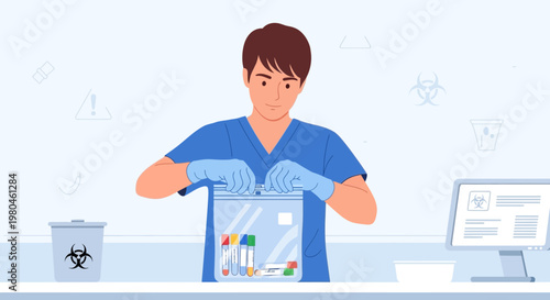Medical professional sealing biohazard bag with lab samples for disposal