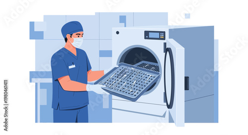 Medical professional sterilizing surgical instruments in an autoclave machine