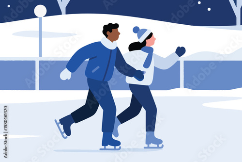 Illustration Of A Couple Ice Skating In A Winter Park At Night Vector Design Template