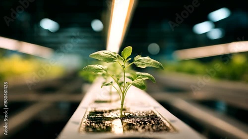 Young plant growing in a greenhouse under lights