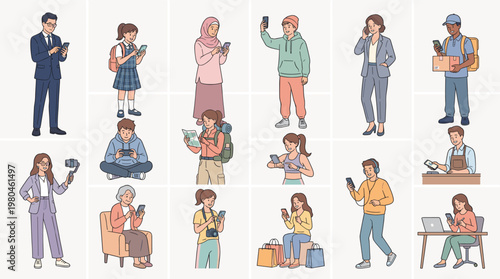 Diverse people in everyday situations including students elderly workers and individuals using technology interacting and performing daily activities