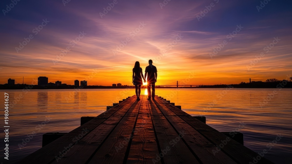 Fototapeta premium Couple standing on a dock at sunset with city skyline and calm water in the background romantic atmosphere