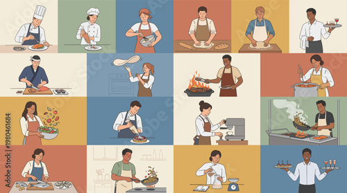 Collection of professional chefs and cooks preparing food in kitchen scenes including baking frying serving and restaurant work in modern flat illustration