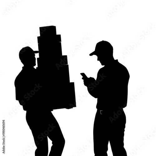 Two workers interact while handling boxes outdoors