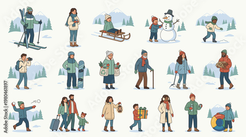 People enjoying outdoor winter sports and leisure activities including skiing hiking sledding and snow fun in mountain landscape