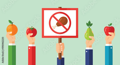 Hands holding fruits and a sign with meat prohibition symbol