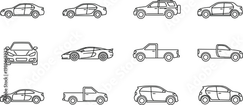 Minimal outline car icon set featuring sedan suv pickup and sports vehicle side views for transportation design projects