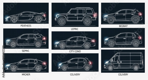 Collection of Various Car Silhouettes and Outlines.