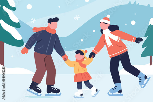 Illustration Of A Mother And Father Holding The Hands Of Their Child Who Is Practicing Ice Skating Vector Design Template