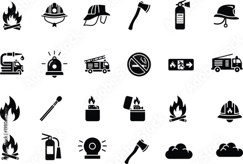 Comprehensive fire safety and firefighter icons set illustrating emergency response and prevention tools with firefighter