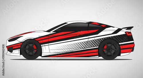 Modern Sports Car with Red and White Graphic Wrap.