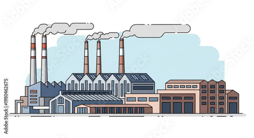 Industrial Factory Buildings with Smoke Emitting from Chimneys.