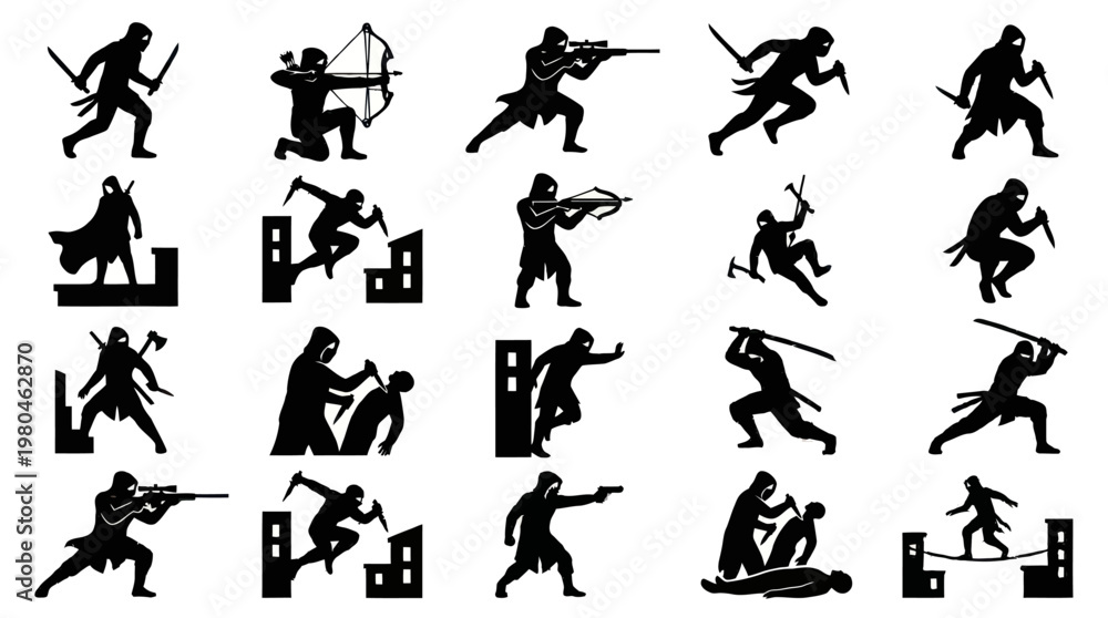 Obraz premium Action Martial Arts Ninja Assassin Warrior Silhouettes Vector Glyph Icon Set