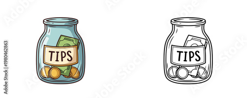 Glass jar with money coins and banknote colored illustration and black line art objects represent donation or gratuity container for service on a white background without texture