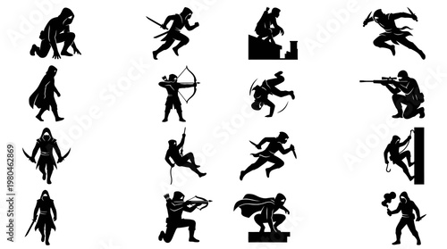 Ninja Assassin Warrior Characters Black Silhouette Vector Set for Gaming and Fantasy Action