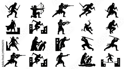 Action Martial Arts Ninja Assassin Warrior Silhouettes Vector Glyph Icon Set