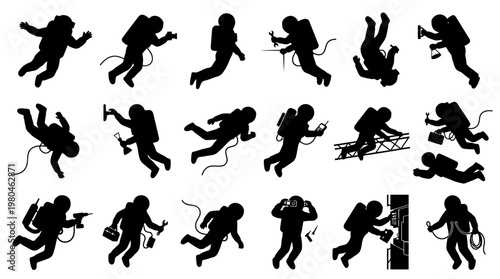 Astronautics Spaceworkers Silhouette Glyphs Set with Space Tools