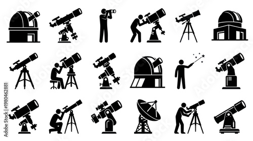 Black and White Icons of Telescopes and Astronomy Equipment