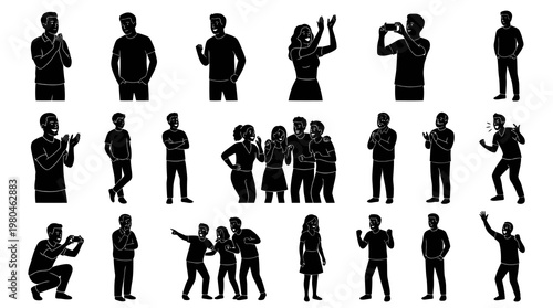 Black and White Silhouettes of People Cheering and Celebrating in Various Poses