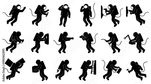 Astronaut Spacework Icons Set. Space Exploration, Repair, and Maintenance Glyph Silhouettes