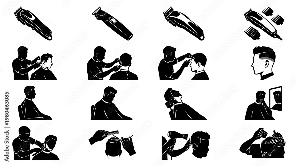 Obraz premium Black White Glyph Icons of Hair Clippers and Barbershop Services