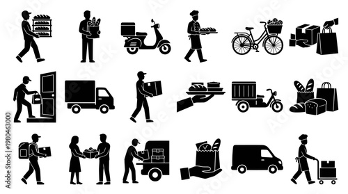 Food delivery service icons: people, vehicles, and food items, black and white glyphs