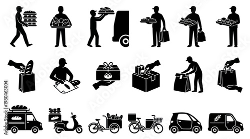 Bakery Delivery Icons: People, Vehicles, and Products in Black and White
