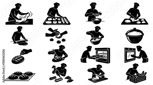 Black and White Icons of Bakers Making Bread, Bakery, Food Industry