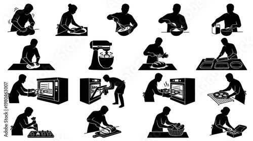 Baking Food Process Silhouettes: People Preparing Bread, Pastries  Desserts