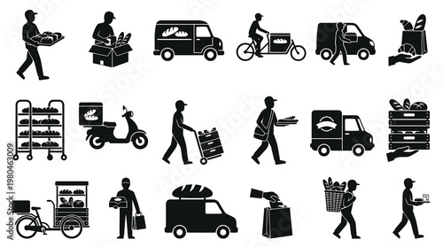Black and White Icons of Bakery Delivery Services with Trucks, Bikes and Scooters