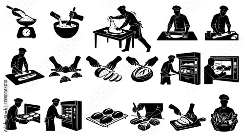 Bakery Food Baking Process Icons Set - Black  White Solid Glyphs